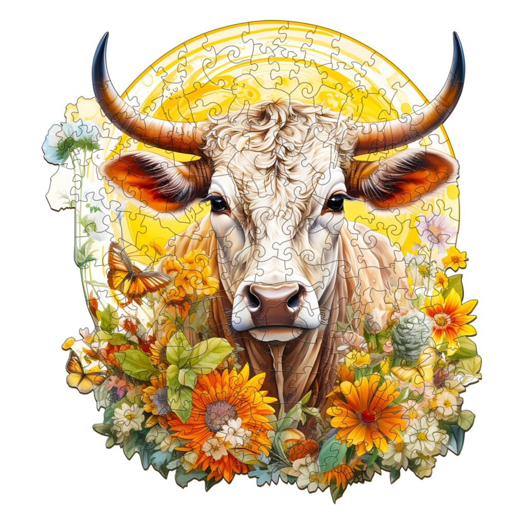 Wooden Jigsaw Puzzle-Cow and Flower 66eeb7d7d8092